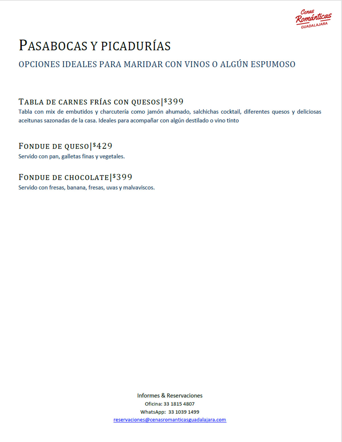 Menú Cenas Romámticas en Guadalajara